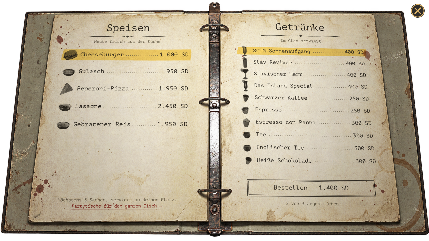 Aufgeschlagene Speisekarte mit Gerichten, Getränken und Bestellknopf